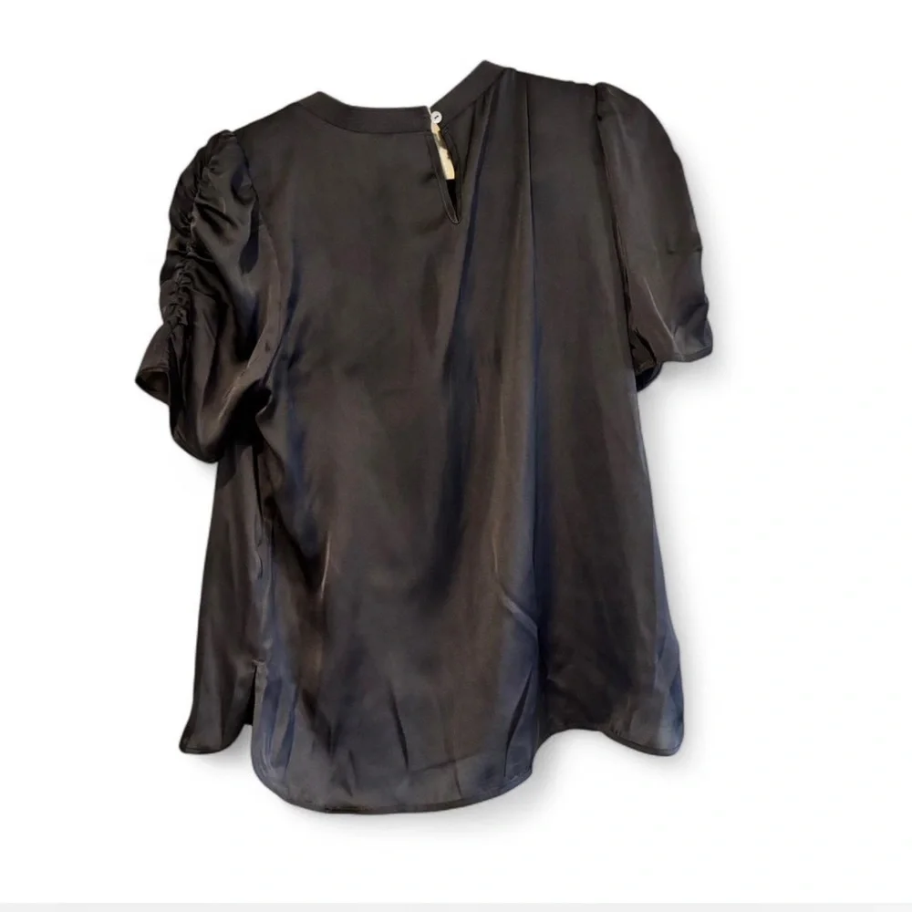 DR2 Satin Puff Sleeve Blouse Black Gray Size M Workwear Top - Picture 2 of 12